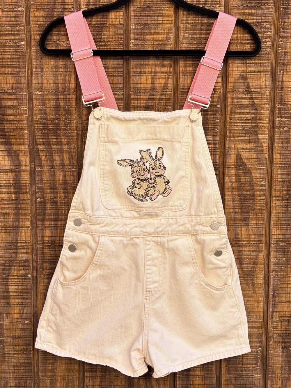Cider Bunny Embroidered Cream Color Short Overalls